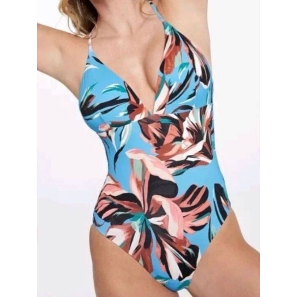 🆕 CALIA Tranquil Floral Blue Triangle Strappy Back One Piece Swimsuit Size 16